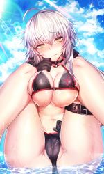 Rule 34 | 1girl, ahoge, ass, bikini, black bikini, blush, breasts, cleavage, collar, commentary request, day, fate/grand order, fate (series), hair between eyes, highres, jeanne d&#039;arc alter (swimsuit berserker) (fate), jeanne d&#039;arc (fate), jeanne d&#039;arc alter (fate), jeanne d&#039;arc alter (swimsuit berserker) (fate), large breasts, long hair, looking at viewer, navel, o-ring, outdoors, revision, silly (marinkomoe), solo, swimsuit, water, wet, wet clothes, yellow eyes