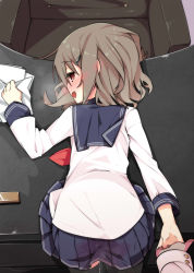 Rule 34 | 10s, 1girl, aftersex, black thighhighs, blouse, brown eyes, brown hair, desk, female focus, from above, from behind, hair ornament, hairclip, highres, ikazuchi (kancolle), kantai collection, miniskirt, open mouth, pleated skirt, pov, pussy juice, school uniform, serafuku, shamo (koumakantv), shirt, short hair, skirt, solo, thighhighs