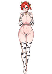 Rule 34 | 1girl, animal ears, animal print, areola slip, bare shoulders, bell, bikini, boudica (fate), breasts, cleavage, collar, collarbone, cow ears, cow horns, cow print, cow print bikini, cowbell, detached sleeves, ear tag, fake animal ears, fake horns, fate/grand order, fate (series), full body, gloves, gluteal fold, green eyes, half gloves, highres, horns, large breasts, looking at viewer, muta poo, navel, neck bell, print bikini, red hair, short hair, short ponytail, smile, solo, sweat, swimsuit, thighhighs, toeless legwear, white bikini, white gloves, white thighhighs