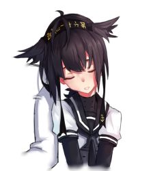 Rule 34 | 10s, 1boy, 1girl, admiral (kancolle), bad id, bad pixiv id, black hair, dress, closed eyes, hairband, hatsuzuki (kancolle), kantai collection, leaning on person, sailor collar, sailor dress, simple background, sleeping, white background, wulazula