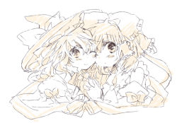 Rule 34 | 2girls, bad id, bad pixiv id, blush, bow, cheek-to-cheek, female focus, hair bow, hakurei reimu, hat, heads together, holding hands, kirisame marisa, looking at viewer, messy hair, monochrome, multiple girls, one eye closed, poprication, simple background, sketch, smile, touhou, wavy hair, white background, wink, witch hat