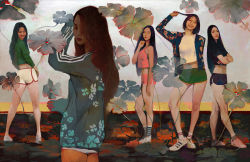Rule 34 | 4girls, ass, black hair, black shorts, copyright request, crop top, crossed arms, floral background, floral print, full body, green shirt, green shorts, highres, hoooook, jacket, lips, long hair, midriff, multiple girls, pink shorts, realistic, shirt, shoes, short hair, shorts, sneakers, socks, standing, tank top, white shirt, white shorts