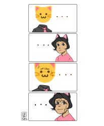 Rule 34 | ..., 2girls, 4koma, :3, animal ears, artist name, black shirt, cat ears, christina guo, collared shirt, comic, commentary, cross-laced sandals, english commentary, floating head, highres, looking at viewer, multiple girls, necktie, nyah (christina guo), original, pink neckwear, pink shirt, shirt, simple background, sweat, nervous sweating, transparent background, white background, wing collar