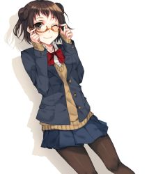 Rule 34 | 10s, 1girl, alternate costume, bespectacled, blazer, blush, bow, bowtie, brown eyes, brown hair, collar, commentary request, double bun, drop shadow, glasses, jacket, kantai collection, long sleeves, looking at viewer, naka (kancolle), one eye closed, orange-framed eyewear, pantyhose, pleated skirt, rinarisa, school uniform, semi-rimless eyewear, shadow, short hair, simple background, skirt, smile, solo, twintails, under-rim eyewear, vest, white background