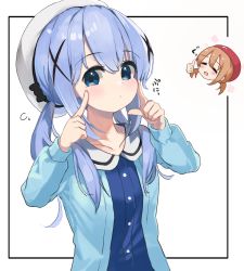 Rule 34 | 2girls, :d, beret, black bow, blue eyes, blue hair, blue jacket, blue shirt, blush, bow, brown hair, chibi, chibi inset, closed eyes, closed mouth, commentary request, fingers to cheeks, flying sweatdrops, gochuumon wa usagi desu ka?, hair between eyes, hair ornament, hair over shoulder, hat, hat bow, highres, hoto cocoa, houjichaoic, jacket, kafuu chino, long hair, long sleeves, looking at viewer, low twintails, multiple girls, nose blush, open clothes, open jacket, open mouth, red headwear, sailor collar, shirt, smile, thumbs up, twintails, white background, white headwear, white sailor collar, x hair ornament