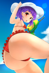 Rule 34 | 10s, 1girl, absurdres, ass, bare arms, bare shoulders, bikini, bikini skirt, blue sky, blush, breasts, character request, cloud, female focus, from below, hat, highres, holding, holding water gun, huge ass, looking down, open mouth, outdoors, red bikini, red eyes, skirt, sky, small breasts, solo, swimsuit, tirano rinko (238313), water gun, wixoss