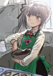 Rule 34 | 1girl, apron, bowl, brown eyes, chocolate, collared shirt, commentary request, dress, dress shirt, fuji (pixiv24804665), green apron, grey hair, hair ribbon, highres, kantai collection, kasumi (kancolle), kitchen, long hair, long sleeves, mixing, pinafore dress, ribbon, shirt, side ponytail, sleeveless, sleeveless dress, sleeves rolled up, smile, solo, white shirt