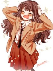 Rule 34 | 1girl, arms up, artist name, black necktie, blush, brown hair, brown jacket, closed eyes, collared shirt, commentary request, facing viewer, hands on own head, jacket, long hair, long sleeves, necktie, open clothes, open jacket, open mouth, original, pleated skirt, red skirt, school uniform, shirt, shirt tucked in, signature, simple background, skirt, solo, standing, sugano manami, wavy mouth, white background, white shirt