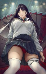 Rule 34 | 1girl, absurdres, ahoge, artist name, black hair, breasts, capelet, clothes lift, earrings, expressionless, frlexz, green eyes, hand fan, highres, holding, holding fan, jewelry, lin (tower of fantasy), long hair, looking at viewer, medium breasts, miniskirt, mole, mole under eye, panties, red panties, skirt, skirt lift, solo, thighhighs, thighs, tower of fantasy, underwear, uniform