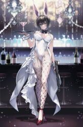 Rule 34 | absurdres, animal ears, bar (place), black hair, blurry, blurry background, bow, bowtie, breasts, brown eyes, cocktail glass, cup, detached collar, drinking glass, fake animal ears, fishnet thighhighs, fishnets, fujiya takao, garter straps, gun, high heels, highleg, highleg leotard, highres, holding, holding gun, holding weapon, indoors, jacket, large breasts, legs, leotard, open clothes, open jacket, original, playboy bunny, rabbit ears, short hair, side-tie leotard, sleeveless, standing, strapless, strapless leotard, thighhighs, weapon, white leotard, wrist cuffs