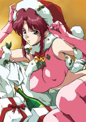 Rule 34 | 00s, 1girl, alcohol, armpits, bell, blue eyes, bottle, breasts, christmas, cirima, covered erect nipples, crop top, elbow gloves, artistic error, flay allster, fur, gift, gloves, gundam, gundam seed, hat, large breasts, midriff, pink hair, pink thighhighs, sack, santa costume, santa hat, sitting, solo, thighhighs, volvox, wine