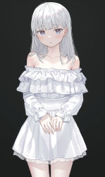 Rule 34 | 1girl, akipeko, bare shoulders, black background, blue eyes, blunt bangs, blush, collarbone, commentary request, cowboy shot, dress, frilled dress, frills, highres, jitome, long hair, long sleeves, looking at viewer, off-shoulder dress, off shoulder, original, own hands together, parted lips, puffy long sleeves, puffy sleeves, simple background, solo, standing, straight hair, white dress, white hair, white theme