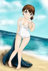 Rule 34 | 1girl, absurdres, areola slip, beach, breasts, brown hair, cleavage, day, endlessgr8, grey eyes, highres, no bra, school swimsuit, side ponytail, solo, strap pull, swimsuit, towel, water, wet, wet clothes, wet swimsuit