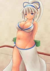 Rule 34 | 1girl, arms behind back, blue eyes, breasts, cleavage, large breasts, long hair, majikina mina, plump, ponytail, samurai spirits, snk, solo, standing, white hair