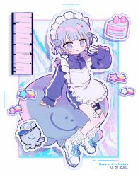 Rule 34 | 1girl, apron, bandaid, bandaid on leg, blue eyes, blue hair, blue jacket, blush, cake, cake slice, character name, closed mouth, food, frilled apron, frills, full body, highres, hutondeoyasumi, indie utaite, indie virtual youtuber, jacket, jersey maid, long sleeves, looking at viewer, maid, maid apron, maid headdress, short hair, sitting, smile, socks, solo, star (symbol), stuffed animal, stuffed octopus, stuffed toy, track jacket, two side up, unconventional maid, v, white apron, white socks, wotoha (character)