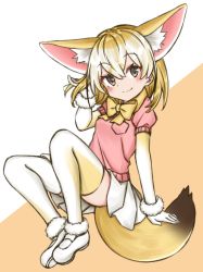Rule 34 | 1girl, animal ear fluff, animal ears, bad id, bad twitter id, blonde hair, blush, bow, bowtie, brown eyes, commentary, elbow gloves, extra ears, fennec (kemono friends), fox ears, fox tail, full body, fur trim, gloves, hair between eyes, hand in own hair, highres, kemono friends, looking at viewer, medium hair, multicolored hair, pink sweater, pleated skirt, puffy short sleeves, puffy sleeves, shikinagi, shoes, short sleeves, simple background, skirt, smile, solo, sweater, tail, thighhighs, two-tone hair, white hair, white skirt, yellow bow, yellow bowtie