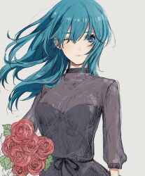 Rule 34 | 1girl, alternate costume, black dress, blue eyes, blue hair, bouquet, byleth (female) (fire emblem), byleth (fire emblem), closed mouth, commentary request, dress, fire emblem, fire emblem: three houses, floating hair, flower, grey background, holding, holding bouquet, long hair, long sleeves, nintendo, one eye closed, red flower, red rose, roroichi, rose, see-through, simple background, solo