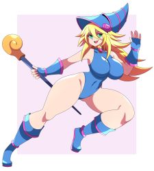 Rule 34 | 1girl, absurdres, abysswatchers, ass, bare legs, blue leotard, blush stickers, breasts, brown eyes, curvy, dark magician girl, duel monster, fingerless gloves, full body, gloves, green eyes, highleg, highleg leotard, highres, large breasts, leotard, long hair, looking at viewer, magical girl, open mouth, shiny clothes, thighs, very long hair, wide hips, yu-gi-oh!