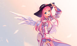 Rule 34 | 1girl, angel wings, armor, blue eyes, commission, dress, hat, hyanna-natsu, long hair, long sleeves, looking at viewer, open mouth, original, pink hair, smile, solo, straight hair, upper body, wings