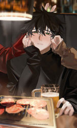 Rule 34 | 1boy, 2others, artist name, bad id, bad twitter id, beer mug, black hair, black shirt, blush, brown shirt, closed mouth, cooking, cup, food, fushiguro megumi, green eyes, grill, grilling, hair between eyes, hand up, head rest, highres, indoors, jujutsu kaisen, k00s, long sleeves, looking at viewer, meat, mug, multiple others, red shirt, shirt, short hair, sleeves past wrists, solo focus, spiked hair, v