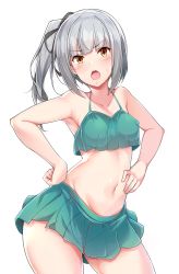 Rule 34 | 1girl, absurdres, armpits, bad id, bad pixiv id, bikini, bikini skirt, black ribbon, blush, breasts, chestnut mouth, collarbone, commentary request, contrapposto, cowboy shot, frilled bikini, frills, green bikini, hair between eyes, hair ribbon, hand on own hip, hands on own hips, highres, kantai collection, kasumi (kancolle), long hair, looking at viewer, navel, open mouth, ribbon, see-through, side ponytail, silver hair, simple background, small breasts, solo, standing, stomach, suisen toire (moko924), sweatdrop, swimsuit, thighs, white background, yellow eyes