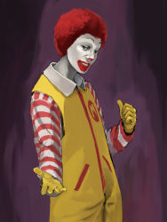 Rule 34 | 1boy, colored skin, commentary request, cowboy shot, kuroko (piii), looking at viewer, male focus, mcdonald&#039;s, red hair, ronald mcdonald, shirt, solo, striped clothes, striped shirt, white skin