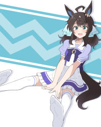 Rule 34 | 1girl, ahoge, animal ears, black hair, blue eyes, blush, breasts, collarbone, commentary request, daring tact (umamusume), highres, horse ears, looking at viewer, medium breasts, medium hair, nel-c, no shoes, school uniform, simple background, sitting, soles, solo, thighhighs, umamusume, white thighhighs