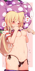 Rule 34 | 1girl, american flag dress, american flag legwear, beige background, black panties, blonde hair, blush, border, bow, bow panties, breasts, clothes lift, clothes pull, clownpiece, commentary request, cowboy shot, disembodied limb, dress, dress lift, hagure kedama, hands up, hat, heart, jester cap, lifted by self, long hair, medium breasts, navel, nipple stimulation, nipple tweak, nipples, nose blush, outside border, panties, pantyhose, pantyhose pull, polka dot headwear, purple hat, red eyes, shiny skin, short sleeves, side-tie panties, simple background, solo focus, spoken heart, standing, star (symbol), star print, stomach, striped clothes, striped dress, sweat, thighs, tickling, tickling nipples, touhou, underwear, very long hair, wavy mouth, white border