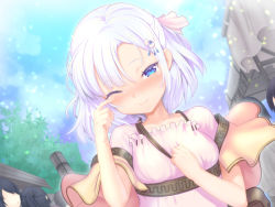 Rule 34 | 5girls, ;), arm up, black hair, blue eyes, blue sky, blush, breasts, closed mouth, cloud, commentary request, copyright request, day, dress, flower, hair flower, hair ornament, hair ribbon, hand on own chest, hand up, long hair, looking at viewer, medium breasts, multiple girls, nose blush, one eye closed, outdoors, pink ribbon, ponytail, ribbon, shinovi, short sleeves, silver hair, sky, smile, solo focus, tears, white dress, white flower, wiping tears