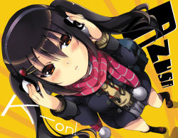 Rule 34 | 1girl, black hair, blush, brown eyes, coat, food, food-themed hair ornament, from above, fruit, gouda nagi, hair ornament, hairclip, hairpin, headphones, k-on!, long hair, looking up, nakano azusa, red scarf, scarf, school uniform, skirt, solo, strawberry, strawberry hair ornament, striped clothes, striped scarf, sweater vest, twintails