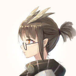 Rule 34 | 1girl, absurdres, alternate eye color, alternate hairstyle, arknights, artist name, brown hair, eyebrows, eyelashes, feather hair, feathers, glasses, high collar, highres, looking to the side, orange eyes, pale skin, pointy ears, semi-rimless eyewear, silence (arknights), solo, upper body, white background, ygxdl