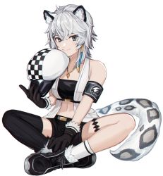 Rule 34 | 1girl, animal ears, arknights, armband, asymmetrical legwear, bandeau, black eyes, black footwear, black gloves, black shorts, black thighhighs, boots, breasts, cabbie hat, checkered clothes, checkered headwear, cliffheart (arknights), closed mouth, commentary, cross-laced footwear, crossed legs, earrings, gloves, hair between eyes, hat, highres, holding, holding clothes, holding hat, indian style, jewelry, kizimakizima, kjerag logo, leopard ears, leopard tail, looking at viewer, material growth, medium breasts, medium hair, midriff, mismatched legwear, navel, necklace, oripathy lesion (arknights), ribbed legwear, short shorts, shorts, silver hair, simple background, single earring, single thighhigh, sitting, smile, socks, solo, strapless, symbol-only commentary, tail, tassel, tassel earrings, thighhighs, thighs, tube top, unworn hat, unworn headwear, vest, white background, white hat, white socks, white vest