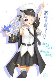 Rule 34 | 1girl, aircraft, airplane, arm up, azur lane, belt, black leg garter, blush, enterprise (azur lane), hair ribbon, hat, highres, jacket, long hair, looking at viewer, military hat, miniskirt, necktie, one eye closed, open mouth, ribbon, silver hair, simple background, skirt, sleeveless, solo, thighhighs, translation request, white background, aged down