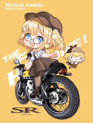 Rule 34 | 1girl, absurdres, black footwear, blonde hair, blue eyes, bob cut, brown skirt, cabbie hat, character name, chibi, copyright name, earrings, english text, frilled shirt, frills, glasses, hair ornament, hat, heart, heart earrings, highres, hololive, hololive english, jewelry, looking at viewer, medium hair, motor vehicle, motorcycle, on motorcycle, open mouth, pantyhose, shirt, skirt, smol ame, strappy heels, suspender skirt, suspenders, virtual youtuber, watson amelia, watson amelia (street casual), yamaha, yamaha sr400, yellow background, yoyoko707
