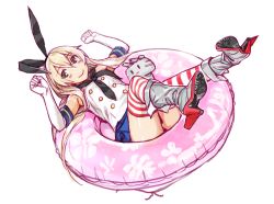 Rule 34 | 10s, 1girl, arms up, blonde hair, blush, bunny ears gesture, elbow gloves, gloves, hairband, innertube, kantai collection, long hair, looking at viewer, nekomata naomi, rensouhou-chan, sailor collar, shimakaze (kancolle), smile, solo, striped clothes, striped thighhighs, swim ring, thighhighs, white gloves