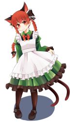 Rule 34 | 1girl, :3, animal ears, apron, blush, braid, cat ears, cat tail, commentary request, dress, extra ears, green dress, kaenbyou rin, long hair, multiple tails, nekomata, pantyhose, red eyes, red hair, simple background, smile, solo, tail, touhou, twin braids, twintails, two tails, white background, yoihebi
