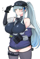 10eki_(tenchou) 1girl absurdres arm_behind_back baseball_cap black_thighhighs blue_hair breasts cleavage closed_mouth commentary cowboy_shot cross_hair_ornament english_commentary flashbang girls&#039;_frontline girls&#039;_frontline_2:_exilium green_eyes hair_ornament hand_on_headwear hand_up hat highres hk416_(girls&#039;_frontline) jacket large_breasts long_hair magazine_(weapon) multicolored_clothes multicolored_jacket off_shoulder ponytail purple_jacket sidelocks simple_background solo tattoo teardrop_facial_mark teardrop_tattoo thick_thighs thighhighs thighs two-tone_jacket white_background white_jacket