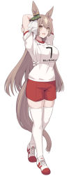 Rule 34 | 1girl, animal ears, arms behind head, arms up, breasts, brown hair, full body, gym shorts, gym uniform, hair between eyes, hair ornament, hair ribbon, highres, horse ears, horse girl, horse tail, large breasts, long hair, looking at viewer, open mouth, red shorts, ribbon, satono diamond (umamusume), shiseki hirame, shorts, smile, solo, tail, thighhighs, track uniform, umamusume, white thighhighs, yellow eyes