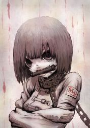 Rule 34 | 1girl, blood, chain, collar, fang, female focus, gradient background, grin, looking at viewer, monochrome, mouth hold, original, short hair, smile, solo, spot color, straitjacket, tears, tsukuan
