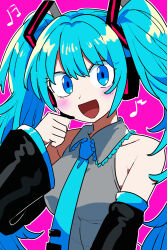 Rule 34 | 1girl, blue eyes, blue hair, blush, bollzzalguy, collared shirt, detached sleeves, hatsune miku, headphones, highres, long hair, long sleeves, musical note, necktie, open mouth, pink background, shirt, sleeveless, sleeveless shirt, smile, solo, tie clip, twintails, upper body, very long hair, vocaloid