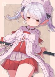 Rule 34 | 1girl, brown background, brown eyes, closed mouth, commentary request, commission, demimushi, final fantasy, final fantasy xiv, grey hair, hair between eyes, highres, jacket, lalafell, long sleeves, looking at viewer, maid headdress, pleated skirt, pointy ears, puffy long sleeves, puffy sleeves, red skirt, shirt, simple background, skeb commission, skirt, sleeves past wrists, smile, solo, twintails, white jacket, white shirt