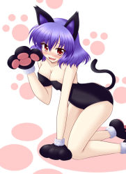 Rule 34 | 1girl, all fours, animal ears, animal hands, bococho, breasts, cat ears, cat girl, cat paws, cat tail, female focus, kemonomimi mode, kittysuit, leotard, nontraditional playboy bunny, paw pose, purple hair, red eyes, short hair, solo, tail, touhou, yasaka kanako