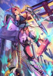 Rule 34 | 1girl, ahoge, animal ears, armor, blonde hair, blue eyes, breasts, building, city, cleavage, cloud, evening, fake animal ears, floral print, flying, fox, from below, gradient sky, hair between eyes, hair ornament, head tilt, highres, holding, holding weapon, long hair, looking at viewer, mecha musume, mechanical parts, medium breasts, open mouth, original, outdoors, ponytail, rocket, sky, sleeveless, solo, sunga2usagi, sunset, torii, weapon