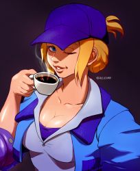 Rule 34 | 1girl, artist name, blonde hair, blue eyes, breasts, capcom, cleavage, coffee, cup, disposable cup, drinking, final fight, final fight 3, hat, highres, large breasts, lucia morgan, medium hair, one eye closed, police, police uniform, policewoman, ponytail, relusionh, shiny skin, sidelocks, smile, street fighter, street fighter v, uniform, wink