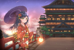 Rule 34 | 1girl, ahoge, animal, architecture, bird, black hair, blush, bridge, building, closed mouth, cloud, cuna (qunya), diffraction spikes, east asian architecture, evening, flower, gradient sky, green eyes, hair flower, hair ornament, highres, holding, holding umbrella, japanese clothes, kimono, long hair, long sleeves, looking at viewer, obi, oil-paper umbrella, original, outdoors, owl, red flower, red kimono, sash, shooting star, sky, solo, standing, star (sky), starry sky, sunset, umbrella, wide sleeves