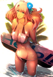 Rule 34 | 1girl, arms behind back, bad id, bad pixiv id, bare arms, bare shoulders, bikini, black bikini, blue eyes, breasts, chikushi nitouhei, cleavage, collarbone, cowboy shot, flower, groin, hair flower, hair ornament, highres, holding, large breasts, leaf, legs apart, long hair, navel, open mouth, original, partially submerged, pink hair, pink lips, plant, skindentation, smile, solo, stomach, string bikini, surfboard, swimsuit, teeth, wading, water, white bikini