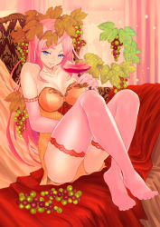 Rule 34 | 1girl, bad id, bad pixiv id, bare shoulders, blue eyes, champagne coupe, collarbone, cup, drinking glass, elbow gloves, feet, food, fruit, glass, gloves, grapes, leaf, long hair, looking at viewer, nightgown, original, pink gloves, pink hair, pink thighhighs, sanku, seductive smile, sitting, smile, solo, thighhighs, wreath