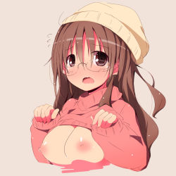 Rule 34 | 1girl, beige background, breasts, breasts out, brown eyes, brown hair, commentary request, glasses, hat, highres, long hair, looking at viewer, nekokan-nekokan, nipples, open mouth, original, pink sweater, simple background, sketch, solo, sweater, tears, turtleneck, turtleneck sweater, upper body