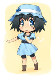 Rule 34 | 1girl, :3, bad id, bad pixiv id, bike shorts, black hair, blue eyes, blue hat, blush, blush stickers, boots, chibi, dress, full body, hat, kanno, looking at viewer, shiina mayuri, short hair, simple background, smile, solo, standing, steins;gate, yellow background