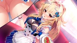 Rule 34 | 1girl, apron, blonde hair, blush, breasts, censored, cleavage, cleavage cutout, clothing cutout, embarrassed, female focus, food, frilled apron, frills, from above, from below, game cg, hair ribbon, high ponytail, holding, holding tray, indoors, large breasts, legs, long hair, looking at viewer, mosaic censoring, multiple views, no panties, nose blush, open mouth, original, pero, pussy, re:d cherish, red eyes, restaurant, ribbon, rouge wentworth, skirt, solo, standing, table, thighs, tray, waitress, wrist cuffs